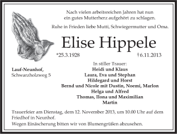 Traueranzeige von Elise Hippele von Pegnitz-Zeitung